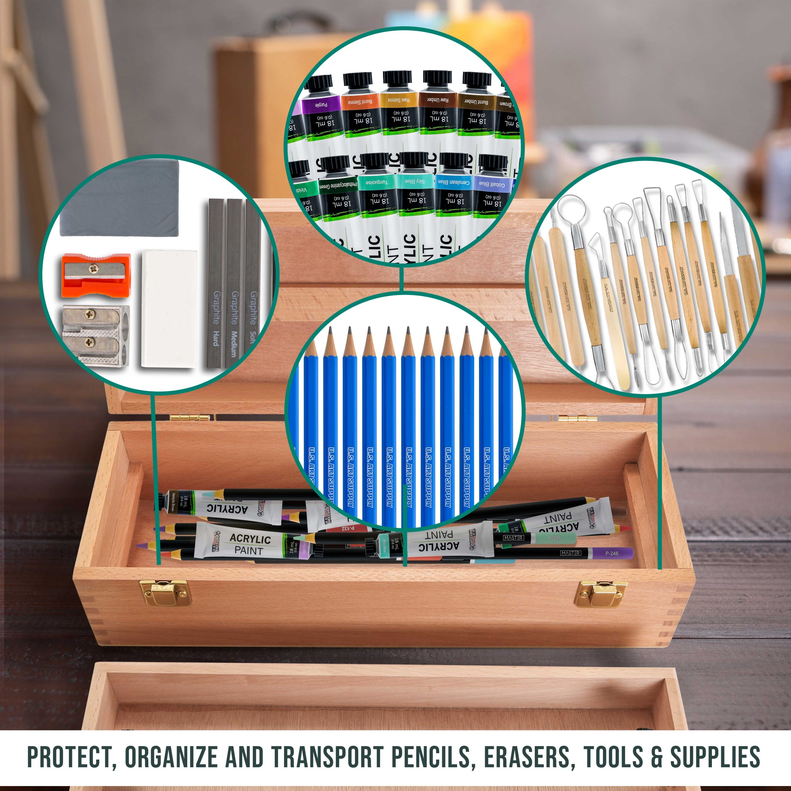 Multi-Function Artist Tool Supply Box with Locking Clasps & Removable Tray - Wooden Art Box for Artist Supplies. Brushes. Pencils. Erasers. Tool Storage Organizer Case - Image 6