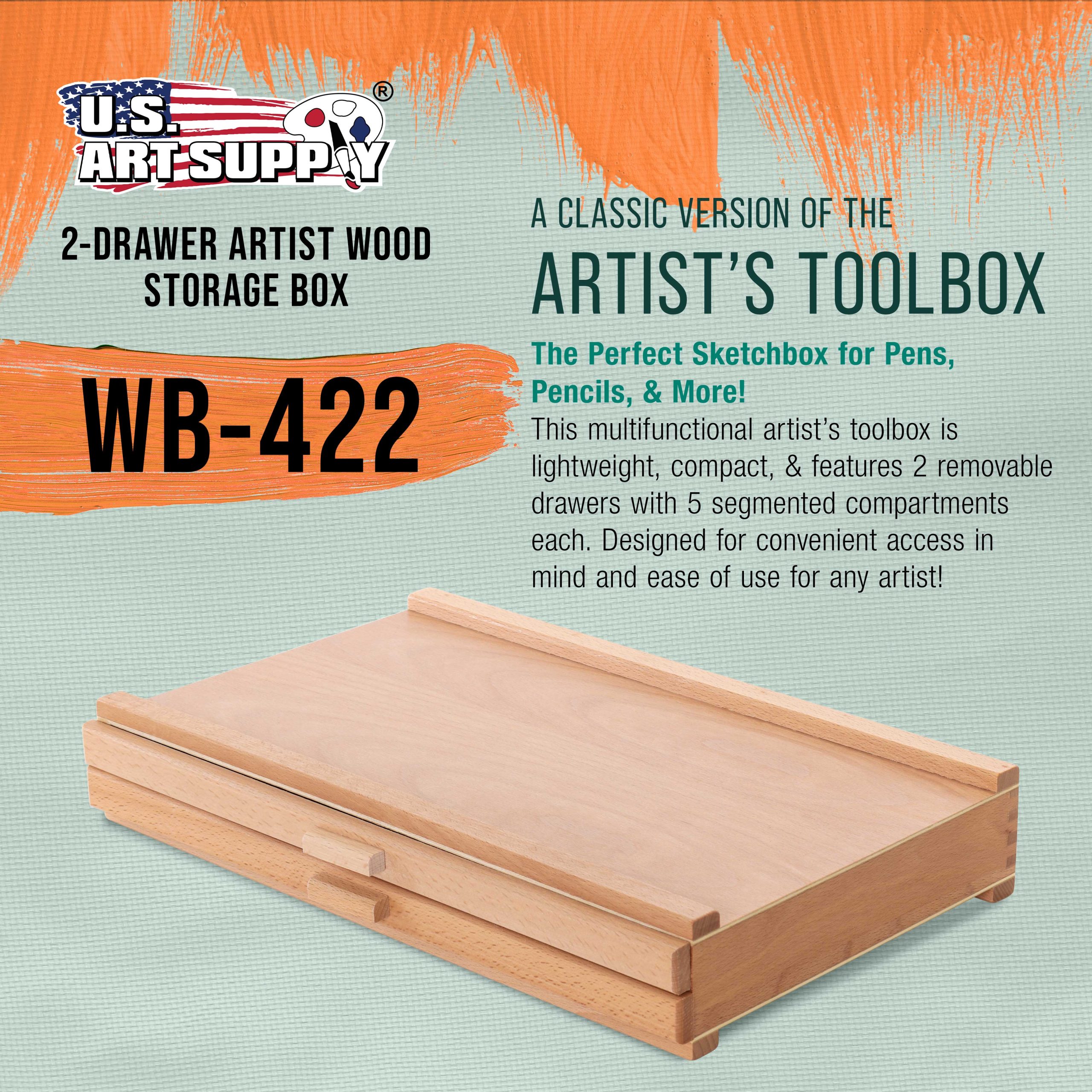 2-Drawer Artist Wood Pastel. Pen. Marker Storage Box - Elm Hardwood Construction. 5 Compartments per Drawer - Ideal for Pastels. Pens. Pencils. Charcoal. Blending Tools. and More - Image 2