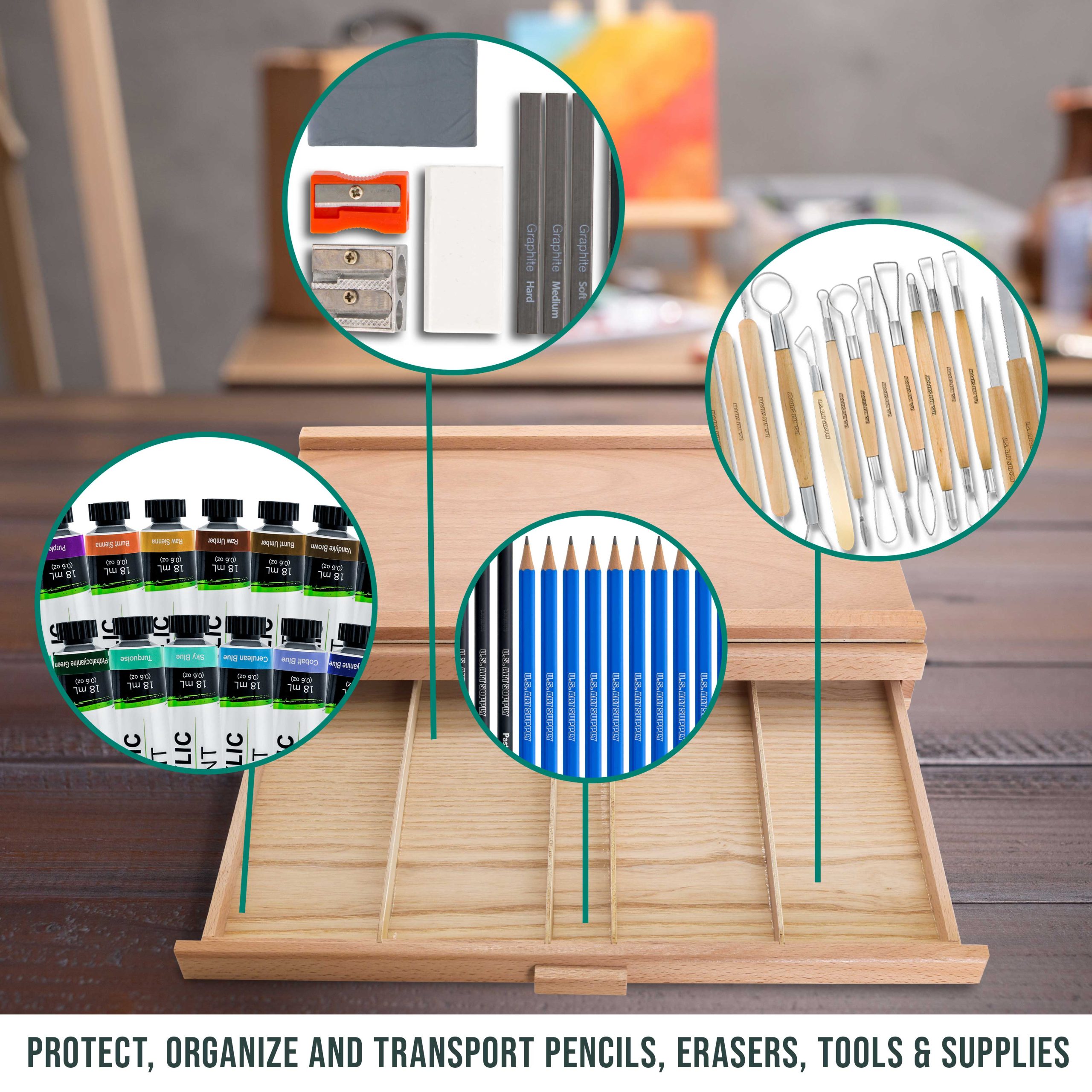 2-Drawer Artist Wood Pastel. Pen. Marker Storage Box - Elm Hardwood Construction. 5 Compartments per Drawer - Ideal for Pastels. Pens. Pencils. Charcoal. Blending Tools. and More - Image 6