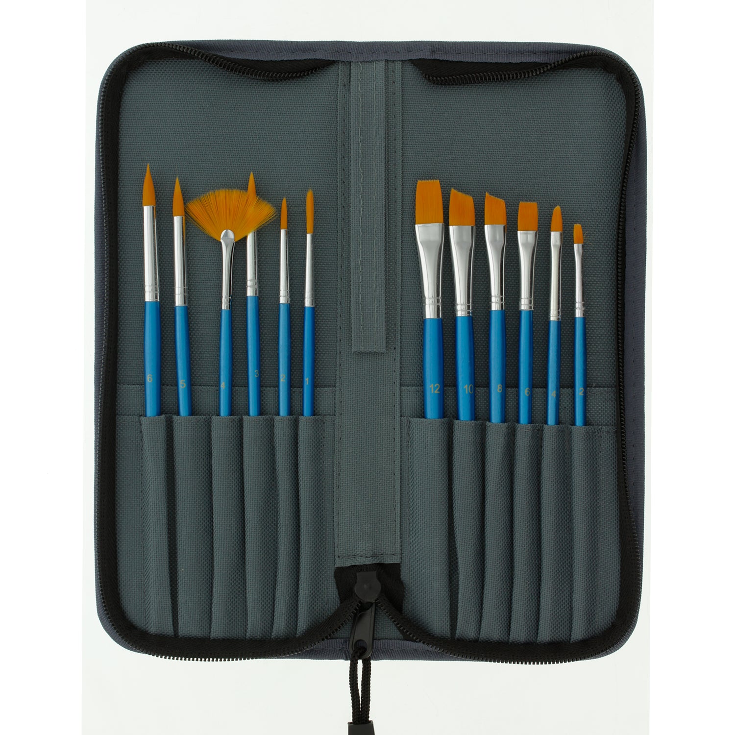 12 Piece Nylon Hair Short Blue Handle Oil/Acrylic Brush Set with Black Carrying Case - Image 2