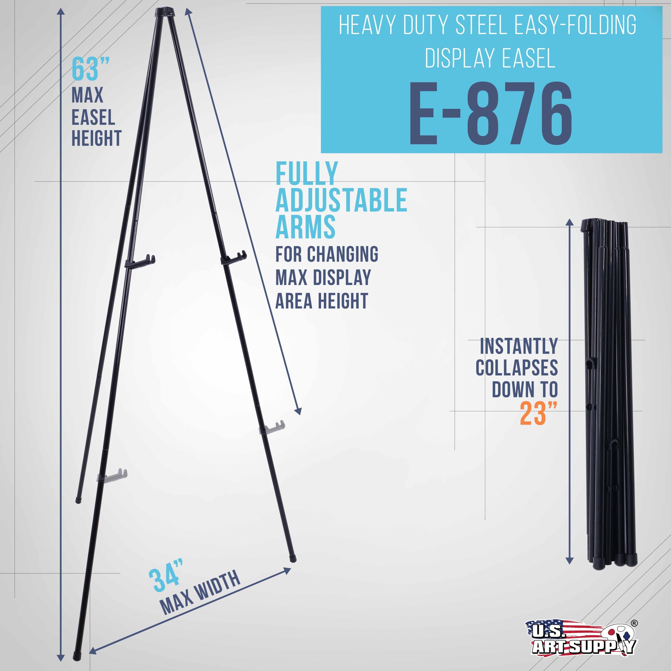 63 High Heavy Duty Metal Folding Display Easel - Adjustable Height. Holds 10 lbs - Portable Art Easel Stand - For Sign. Poster. Canvas. Painting. Picture Display - Image 2