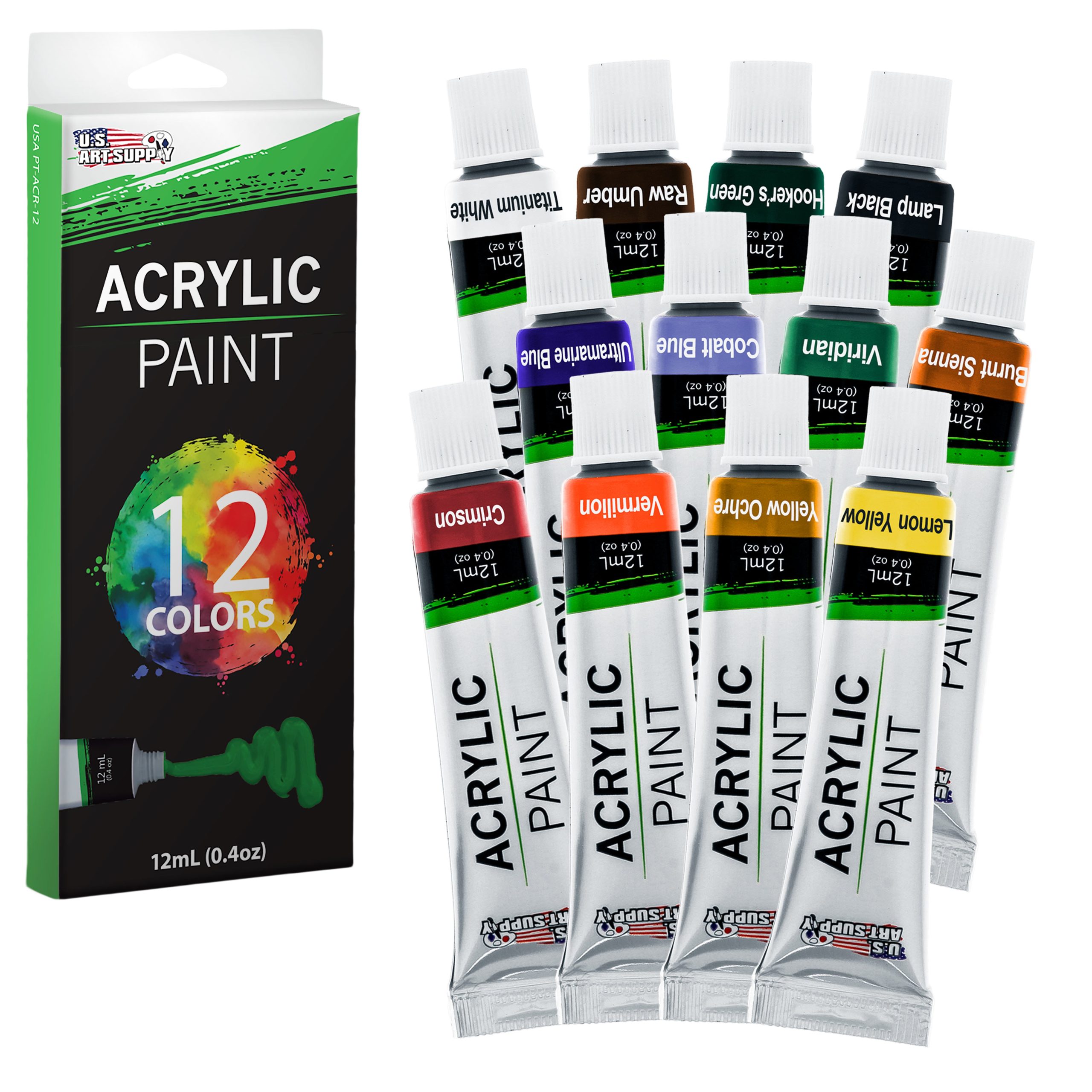 Professional 12 Color Set of Acrylic Paint in 12ml Tubes - Rich Vivid Colors for Artists. Students. Beginners. Kids. Adults - Canvas