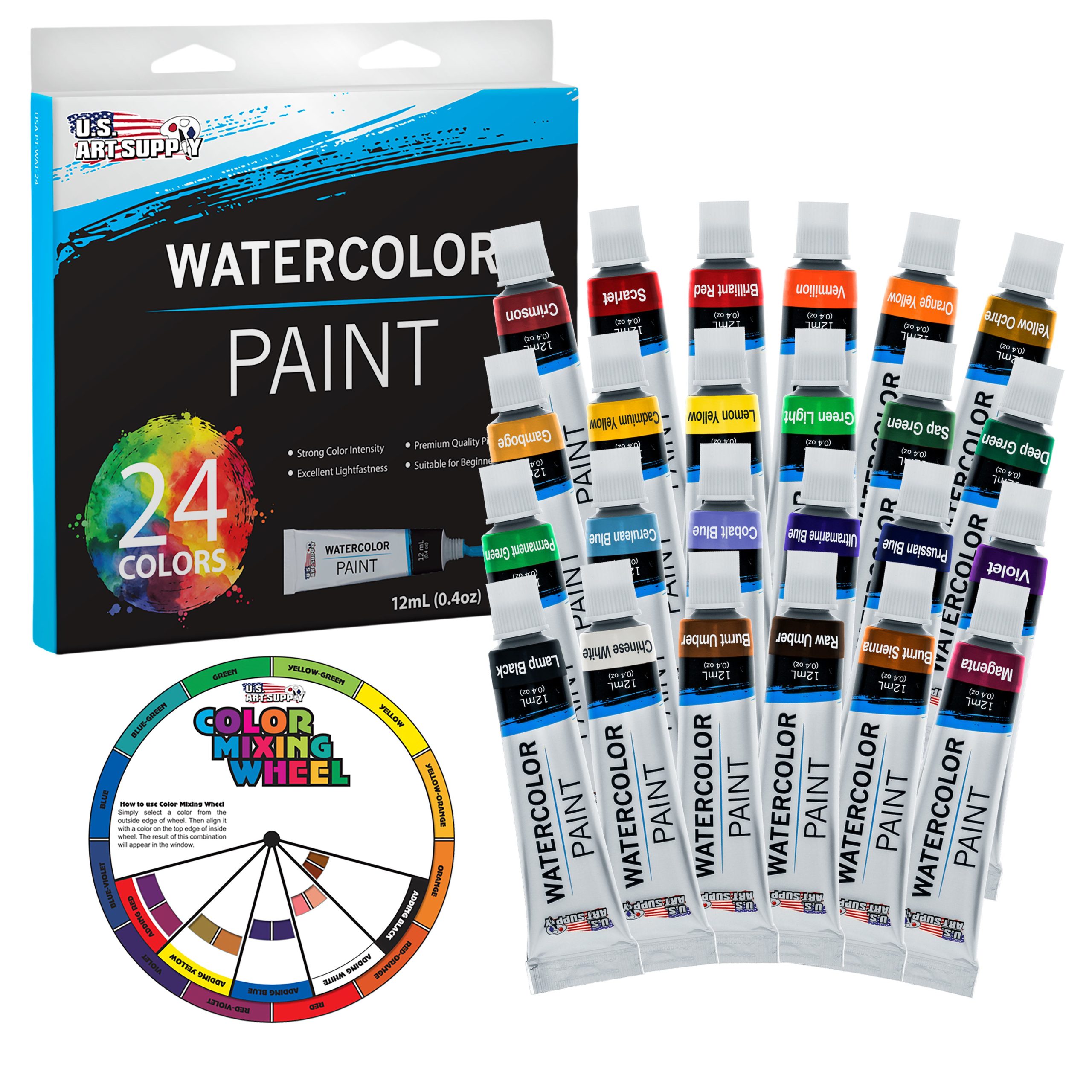 24-Color Water Colors Paint Set. 12ml Professional Watercolor Tubes. Vibrant Pigments - Water Colors Paint Adult Set for Artists